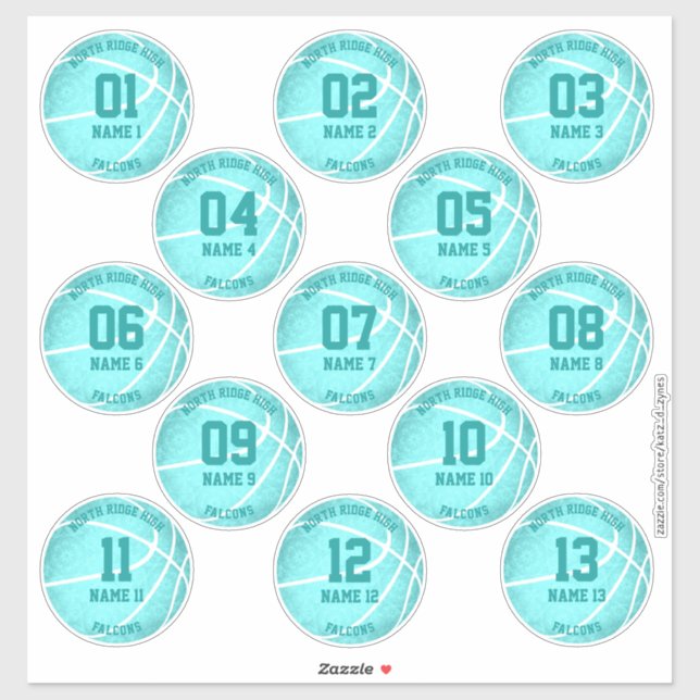 turquoise basketball players names 3 inch stickers (Sheet)