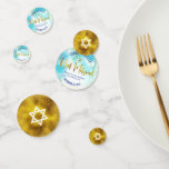 Turquoise Bat Mitzvah Gold Foil Script Watercolor Confetti<br><div class="desc">Add some extra style to your favourite Bat Mitzvah’s celebration party with this customisable table confetti! Stunning, modern, sparkly gold faux foil handwritten script, Star of David and tiny dots against a turquoise blue watercolor background on one side mix with a white Star of David over a faux gold foil...</div>