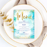 Turquoise Bat Mitzvah Gold Glitter Foil Watercolor Menu<br><div class="desc">Be proud, rejoice and showcase this milestone of your favourite Bat Mitzvah with a celebration to be proud of! Tempt your guests with this stunning, modern, party meal menu, featuring sparkly gold faux foil and glitter dots and typography script against a turquoise watercolor background. Her name, date of event, and...</div>