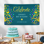 Turquoise Bat Mitzvah Gold Script Tree of Life Banner<br><div class="desc">Be proud, rejoice and showcase this milestone of your favourite Bat Mitzvah! Hang up this stunning, modern, stylish, personalised banner to add to her special day. Sparkly, gold, faux foil calligraphy script, light pink typography, and two abstract, graphic, gold foil trees with sparkly turquoise, teal, purple and blue Star of...</div>