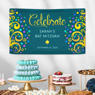 Turquoise Bat Mitzvah Gold Script Tree of Life Banner