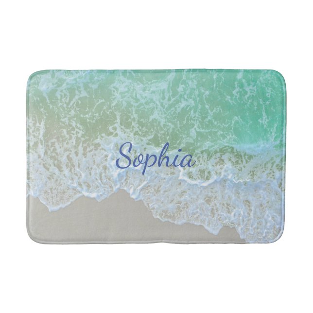 Turquoise Beach Wave, Blue Script Name or Monogram Bath Mat (Front)