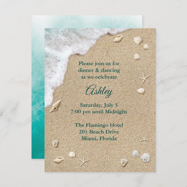 Turquoise Beach Waves Bat Mitzvah Reception Invitation (Front/Back)