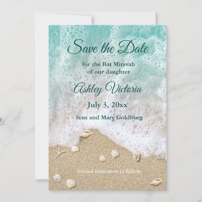 Turquoise Beach Waves Bat Mitzvah Save the Date Invitation (Front)