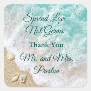 Turquoise Beach Waves Spread Love Hand Sanitizer Square Sticker