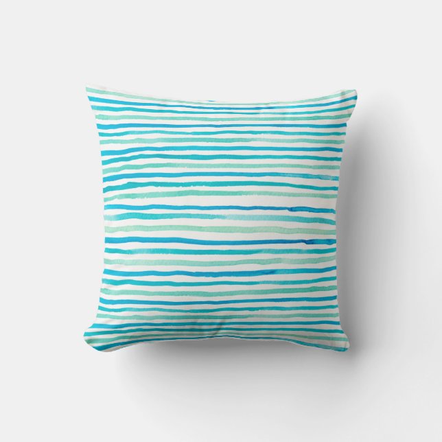 Turquoise Beachy Watercolor Stripes Cushion (Front)
