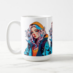 Turquoise Beauty: Hand-Drawn Anime Girl Coffee Mug