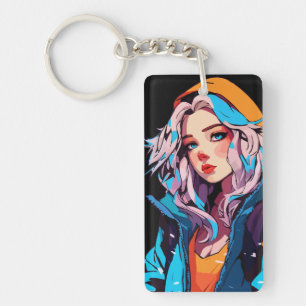 Turquoise Beauty: Hand-Drawn Anime Girl Key Ring