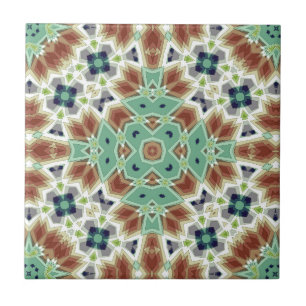 Turquoise beige colourful kaleidoscope ornament ceramic tile
