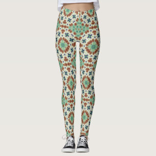 Turquoise beige colourful kaleidoscope ornament  leggings