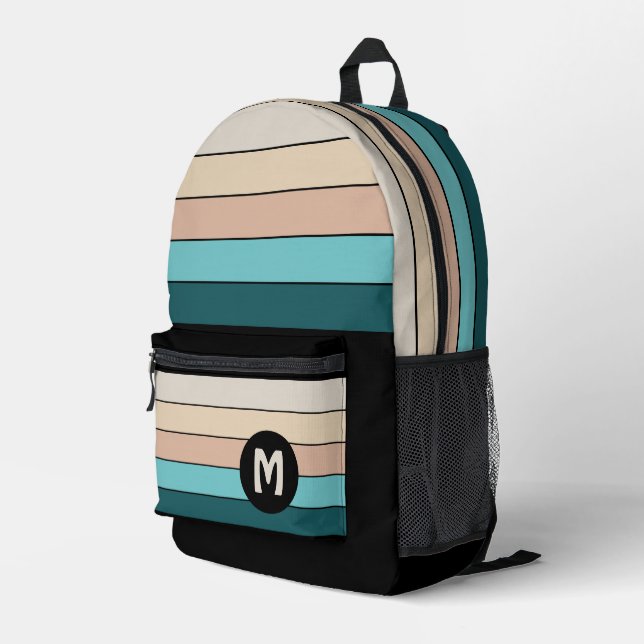 Turquoise Beige Teal Green Black Art Stripes Printed Backpack (Back Corner Right)