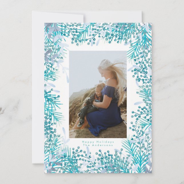 Turquoise Berries Christmas Holiday Photo Card (Front)
