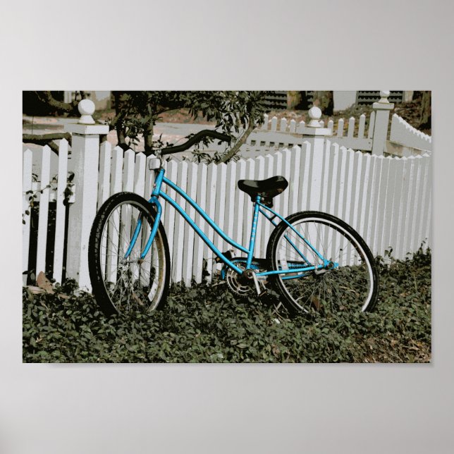 Turquoise Bicycle Leaning on a White Picket Fence Poster (Front)