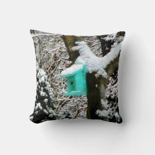 Turquoise Birdhouse in Winter Cushion