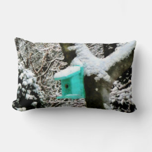 Turquoise Birdhouse in Winter Lumbar Cushion