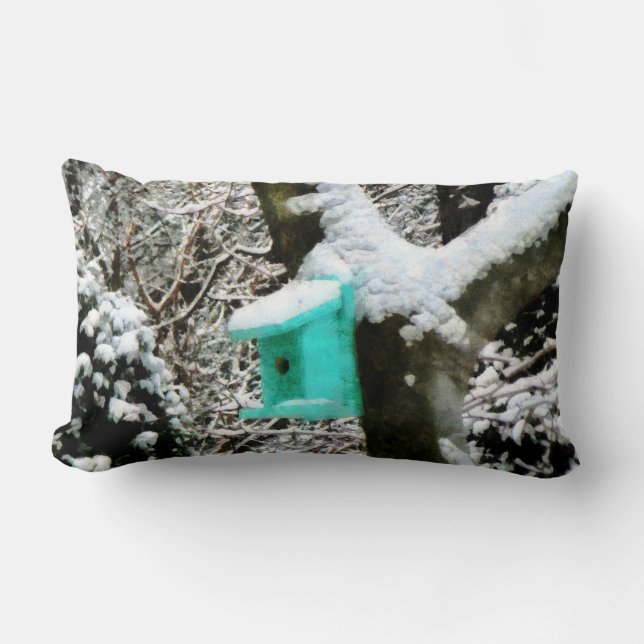 Turquoise Birdhouse in Winter Lumbar Cushion (Front)
