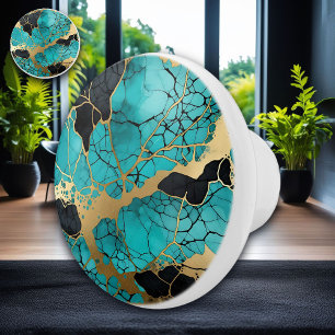 Turquoise Black and Gold Crackle Abstract Ceramic Knob