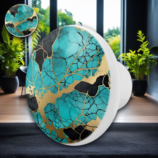 Turquoise Black and Gold Crackle Abstract  Ceramic Knob (Creator Uploaded)