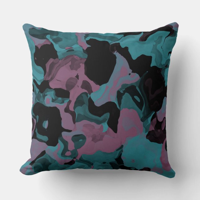 Turquoise, black and pinkish abstract cushion (Front)