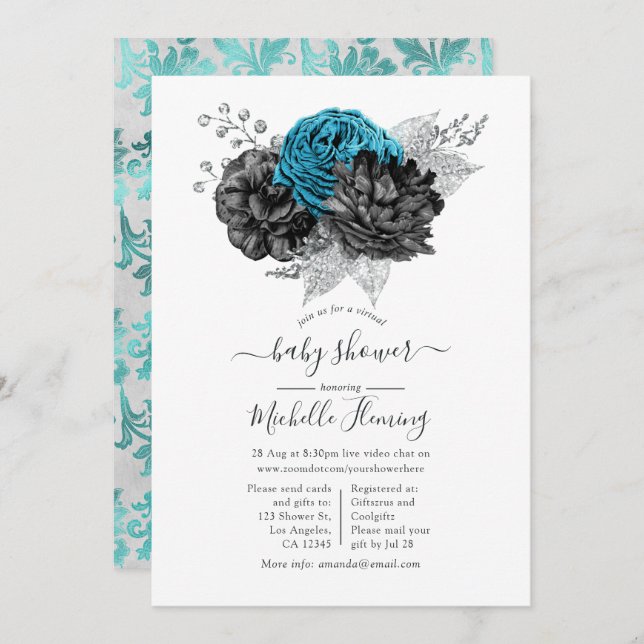 Turquoise, Black and Silver Shower Invitation (Front/Back)
