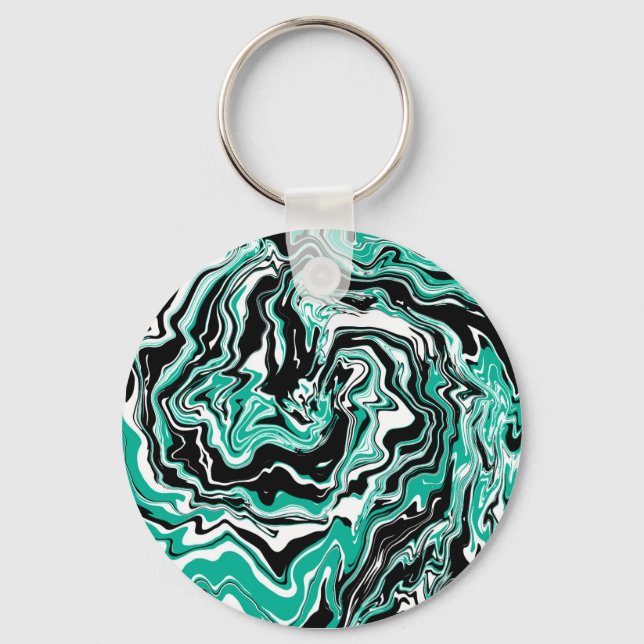 Turquoise, Black and White Marble Fluid Art  Key Ring (Front)