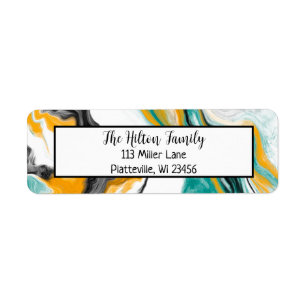 Turquoise, Black and White Marble Fluid Art    Return Address Label