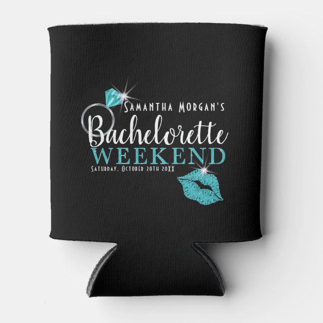 Turquoise & Black Bachelorette Weekend Party Can Cooler (Front)