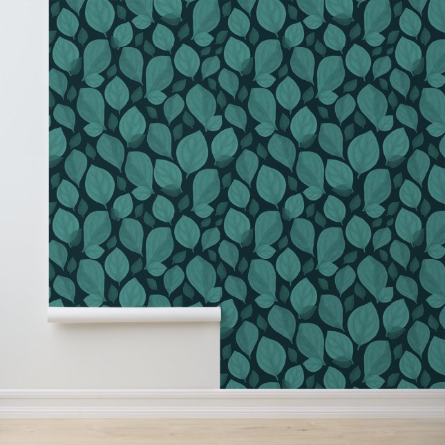 Turquoise Black Basil Leaves Leaf Pattern Wallpaper (Application)