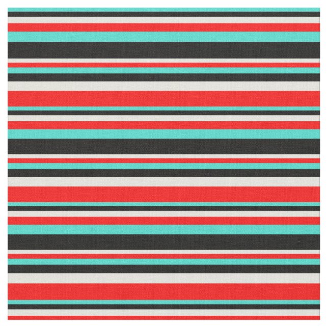 Turquoise, Black, Beige, and Red Coloured Stripes Fabric (Close Up)