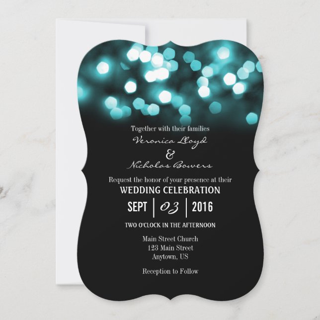 Turquoise Black Bokeh Lights Wedding Invites (Front)