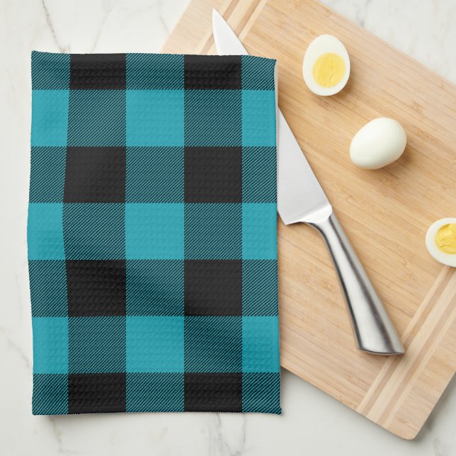 Turquoise Black Buffalo Check Plaid Rustic Tea Towel (Quarter Fold)