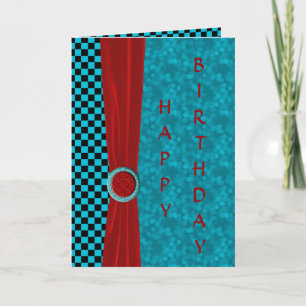 Turquoise Black Checks & Red Happy Birthday Card