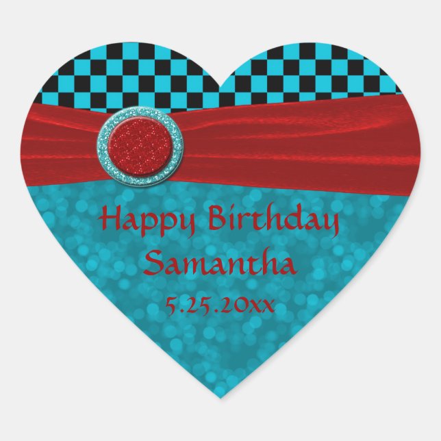 Turquoise Black Checks & Red Heart Sticker (Front)