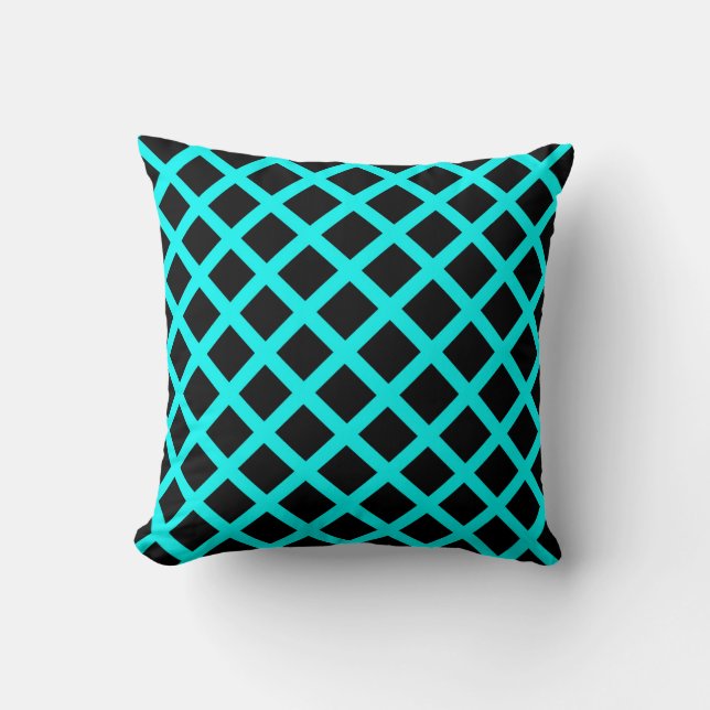 Turquoise Black Chequered Diamond Stripes Pattern Cushion (Front)