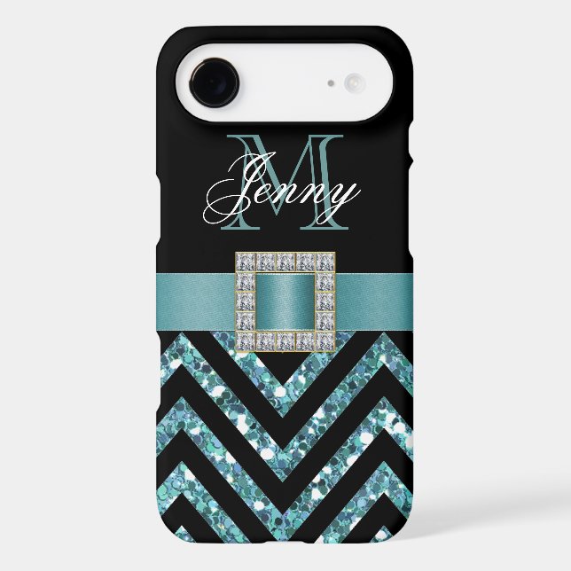 TURQUOISE BLACK CHEVRON GLITTER GIRLY Case-Mate iPhone CASE (Back)