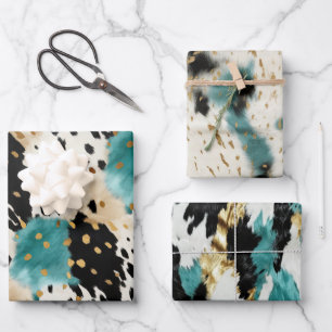Turquoise Black Cream Gold Western Cowgirl Cowhide Wrapping Paper Sheet