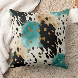 Turquoise Black Cream Gold Western Cowhide Cushion