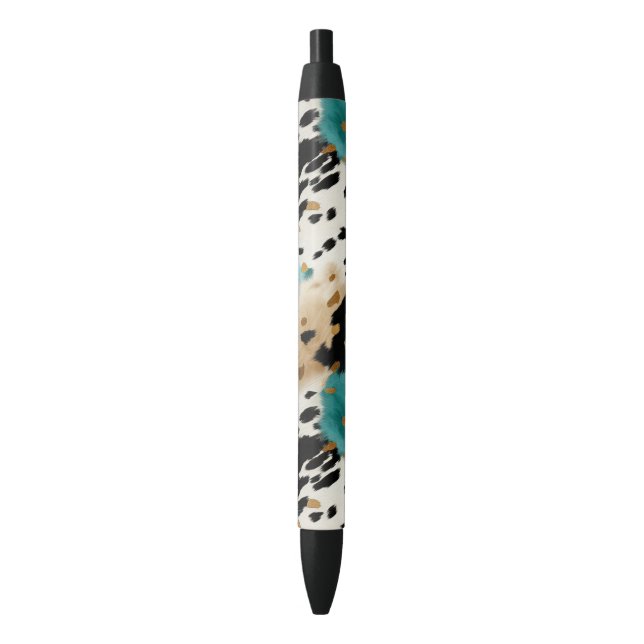 Turquoise Black Cream Gold Western Cowhide Ink Pen (Front Vertical)