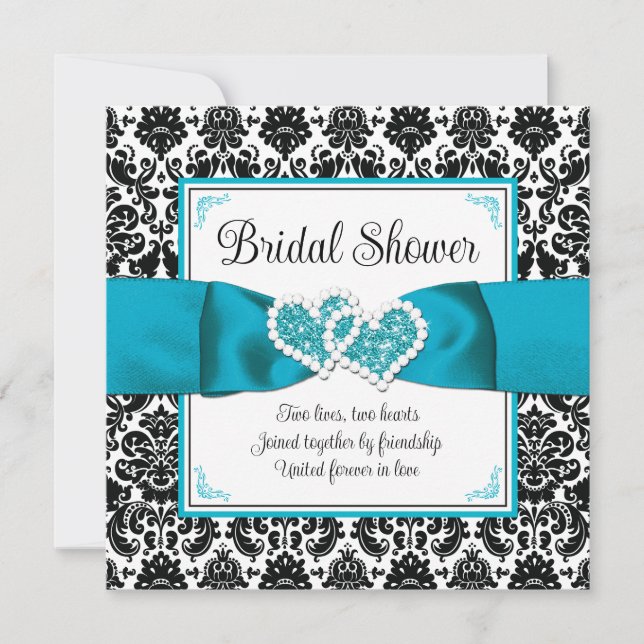 Turquoise, Black Damask Love Hearts Bridal Shower Invitation (Front)