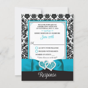 Turquoise, Black Damask Love Hearts RSVP Card