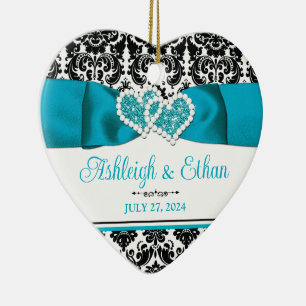 Turquoise, Black Damask Love Hearts Wedding Ceramic Ornament