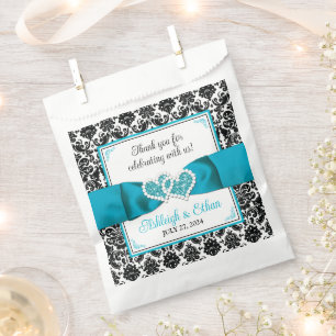 Turquoise, Black Damask Love Hearts Wedding Favour Bag
