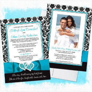 Turquoise, Black Damask Love Hearts Wedding Invitation