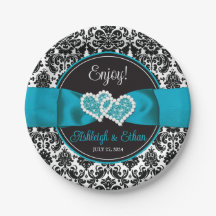 Turquoise, Black Damask Love Hearts Wedding