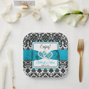 Turquoise, Black Damask Love Hearts Wedding Paper Plate