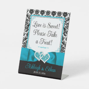 Turquoise, Black Damask Love Hearts Wedding Pedestal Sign