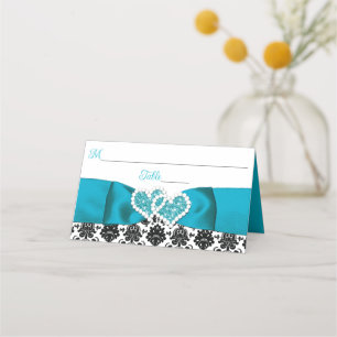Turquoise, Black Damask Love Hearts Wedding Place Card