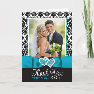 Turquoise, Black Damask Love Hearts Wedding Thank You Card