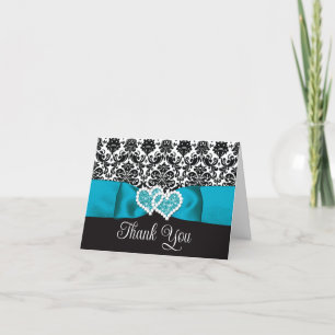 Turquoise, Black Damask Love Hearts Wedding Thank You Card