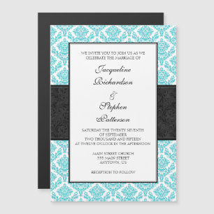Turquoise Black Damask Magnetic Wedding Invites